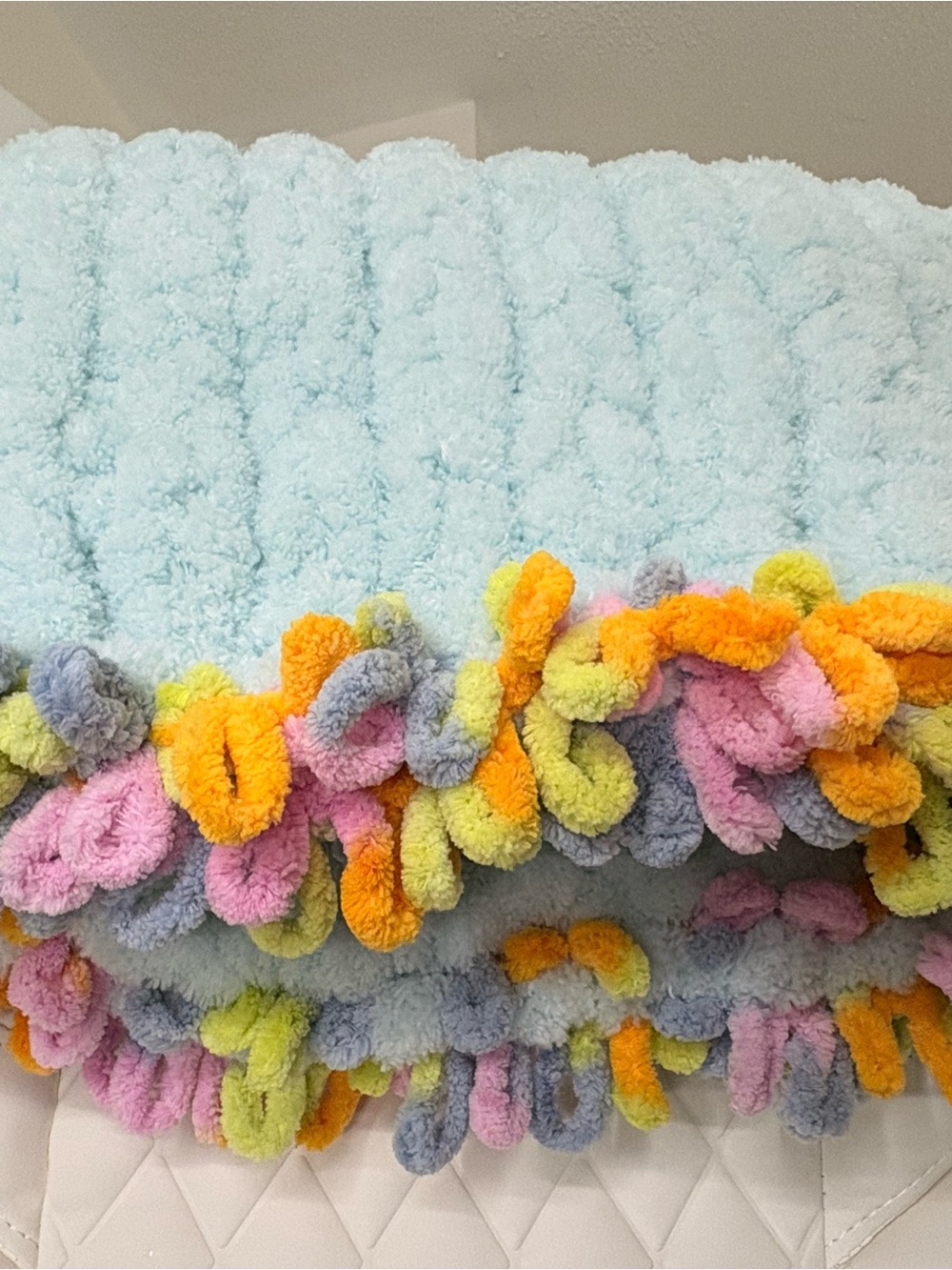 Plush Light Blue Baby Throw with Multicolor Loop F fringe